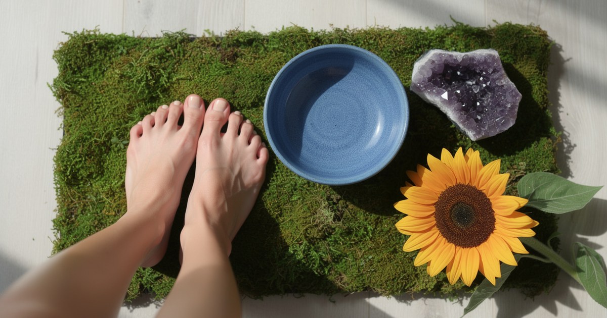 Bare feet resting on a green moss mat beside a blue ceramic bowl, purple amethyst, and a yellow sunflower in soft window light