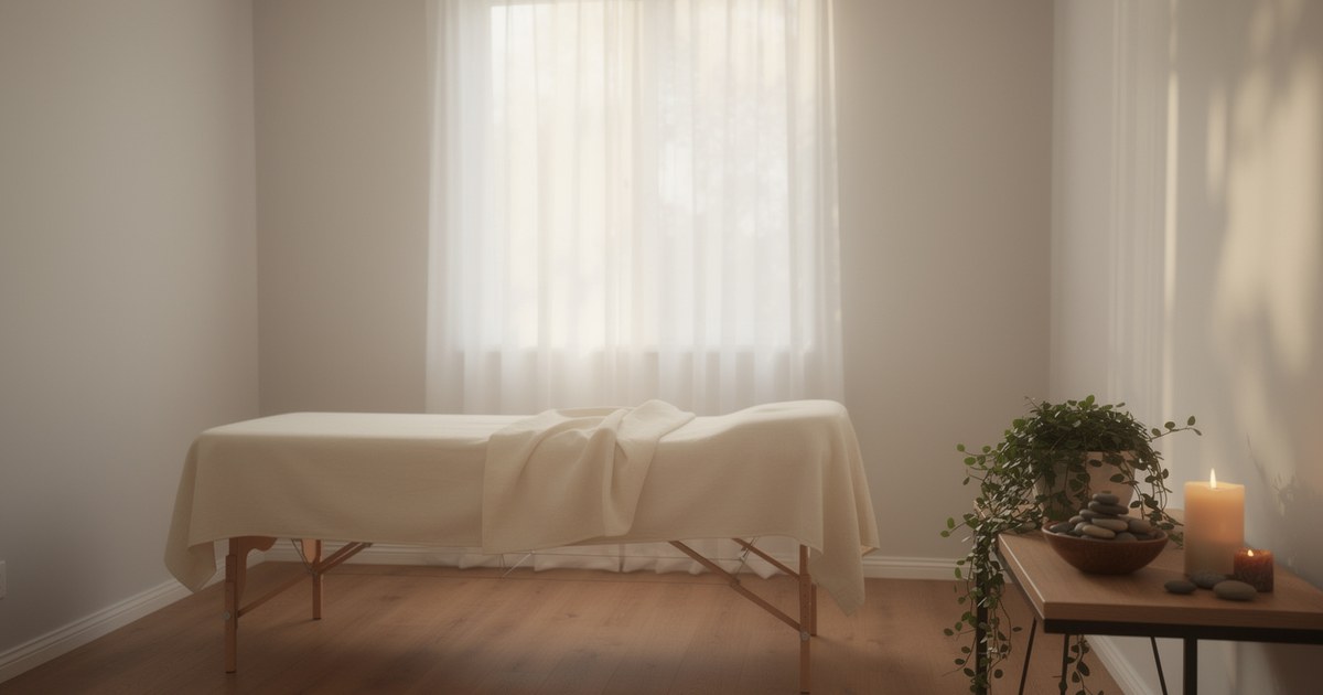 A folding massage table draped in a cream sheet and folded blanket beside a sunlit window with sheer curtains, with a trailing green plant, a bowl of stacked gray stones and two lit candles on a side table.