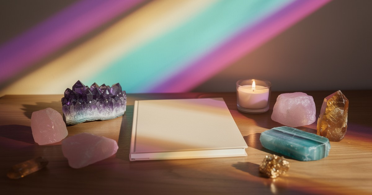 Bands of magenta, violet, teal and gold prism light across a wall above a wood desk holding a blank notebook, a lit candle, amethyst, rose quartz, teal fluorite and citrine