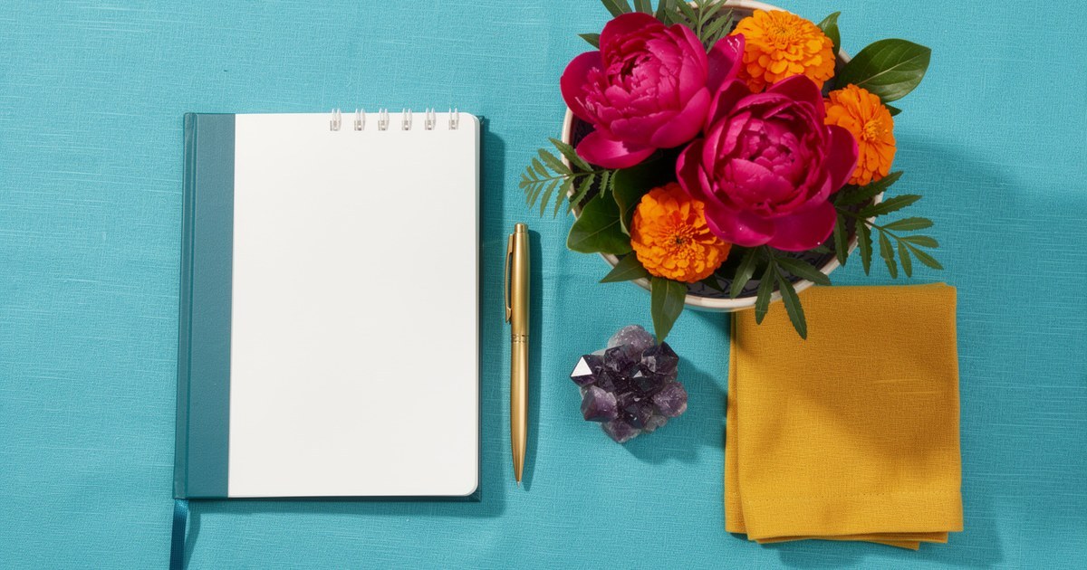 A teal notebook with blank pages and a gold pen on a turquoise tablecloth beside magenta peonies, orange marigolds, an amethyst cluster, and a folded mustard yellow cloth