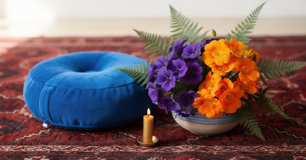 A cobalt blue meditation cushion on a deep red rug beside a bowl of violet and orange flowers, emerald fern leaves, and a lit candle with a golden flame
