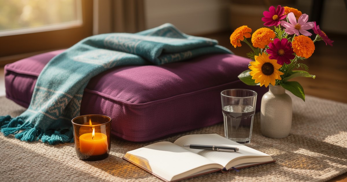 A plum floor cushion with a teal throw, a lit amber candle, an open journal, a glass of water and a vase of bright flowers in warm sunlight