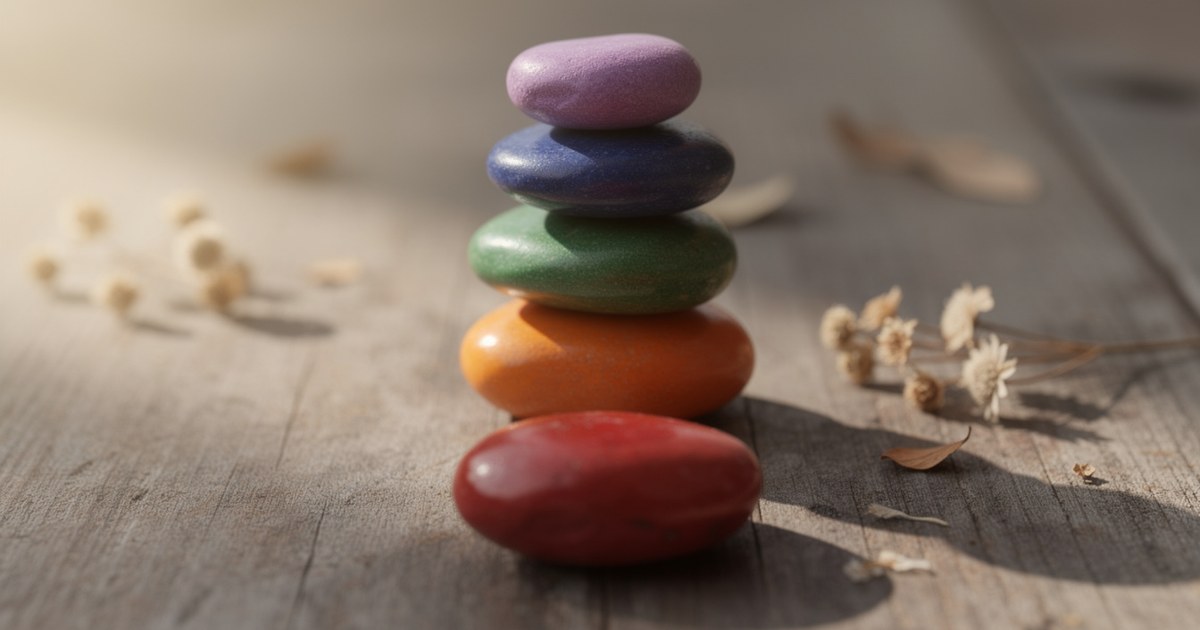 Five smooth stones stacked in chakra colors, red at the base up to violet on top, on weathered gray wood with dried flowers scattered nearby.