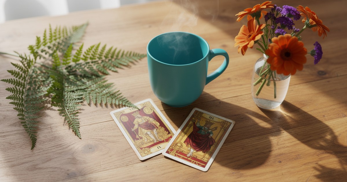A sunlit wooden table with a steaming turquoise mug, two face-up tarot cards showing gold and crimson illustration, a green fern frond and a small vase of orange and purple flowers.