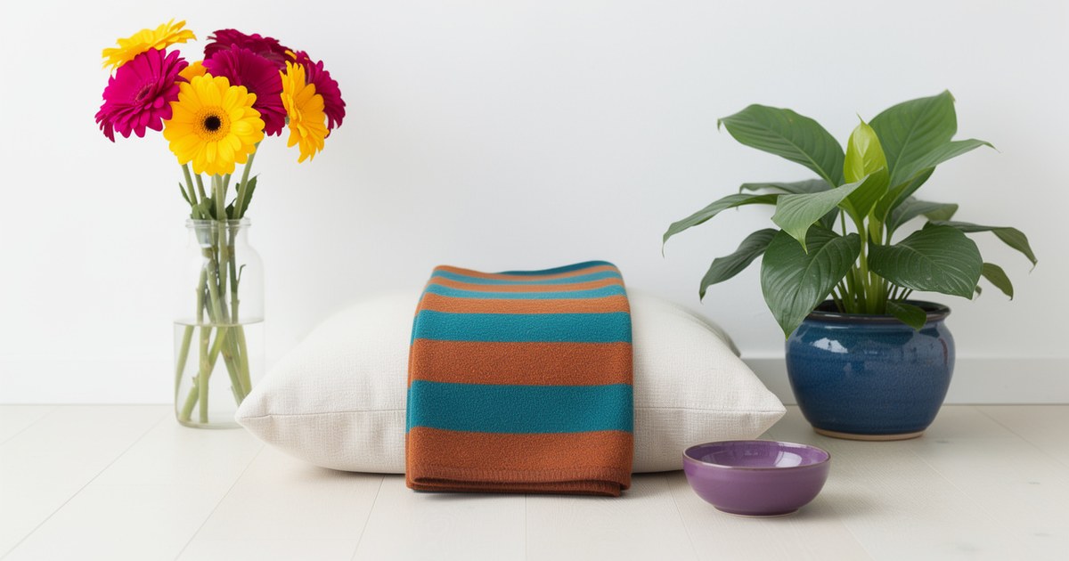 A cream floor cushion under a folded teal and burnt orange striped blanket, beside a glass vase of magenta and yellow gerbera daisies, a green plant in a blue glazed pot and a purple bowl.