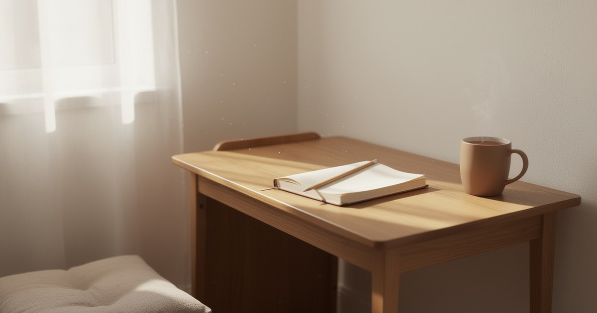 A small wooden desk in the corner of a quiet room beside a window with sheer curtains, holding an open notebook with a pencil laid across the pages and a clay-colored mug of tea, with a cream cushion at the edge of the frame.