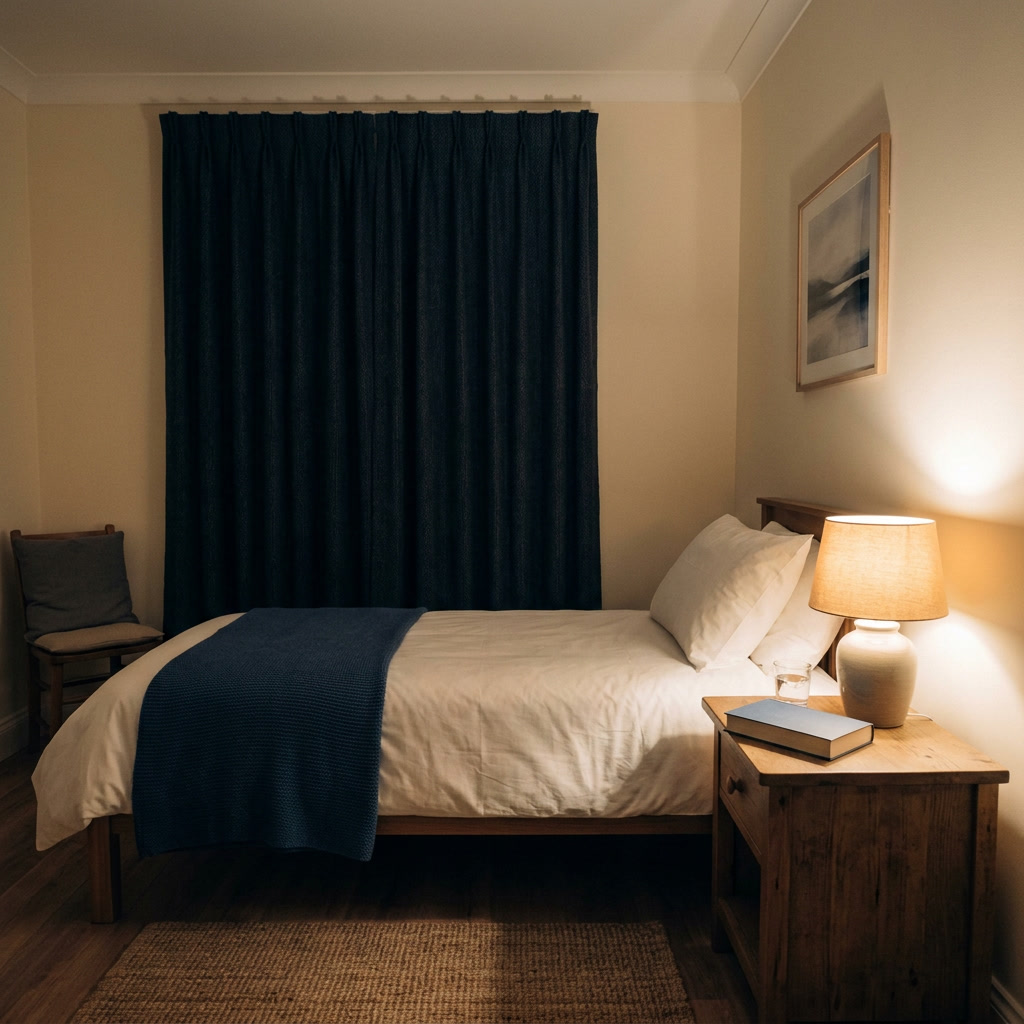 A small bedroom at night with heavy navy curtains drawn, a wooden bed made up with a cream duvet and a navy knitted blanket folded diagonally across it, and a lit ceramic lamp, a closed book and a glass of water standing on the wooden nightstand.