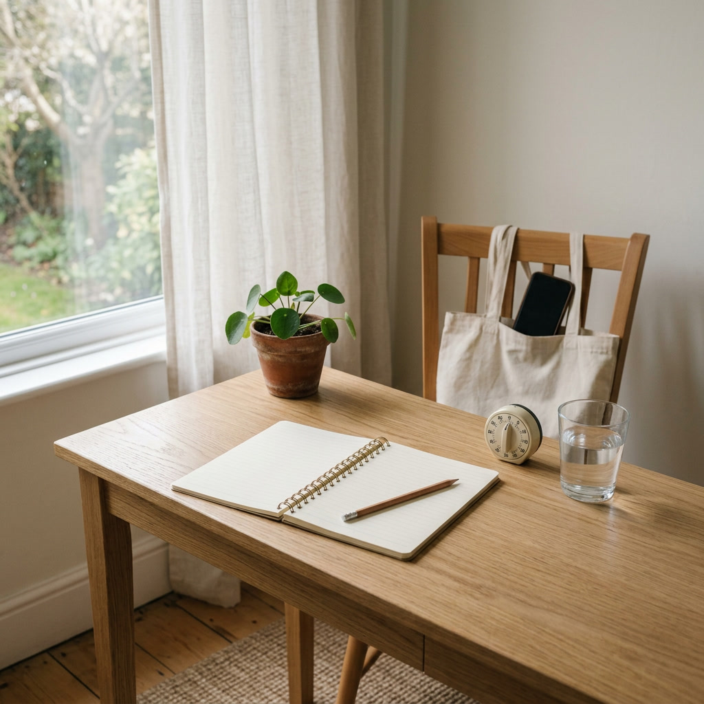 An open spiral notebook with blank lined pages and a wooden pencil laid across it on a light oak table beside a curtained window, next to a small round kitchen timer, a glass of water and a potted plant, with a phone tucked into a canvas tote bag on the chair behind.