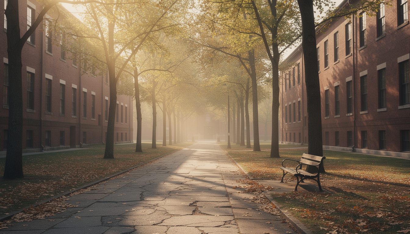 An empty cracked concrete footpath running between two long red brick buildings, lined with tall trees in early autumn leaf, with fallen leaves on the grass verges and an empty wooden bench catching low misty sunlight.