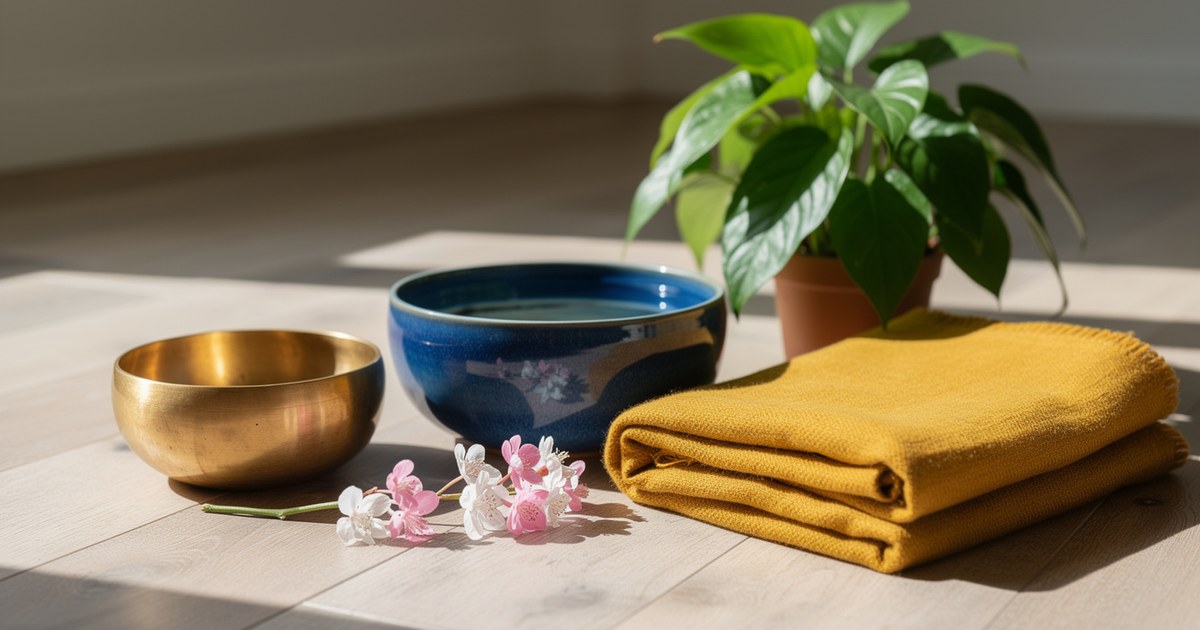 A brass singing bowl and a blue ceramic water bowl on a sunlit floor beside a folded mustard yellow blanket, a green leafy plant and a spray of pink and white flowers.