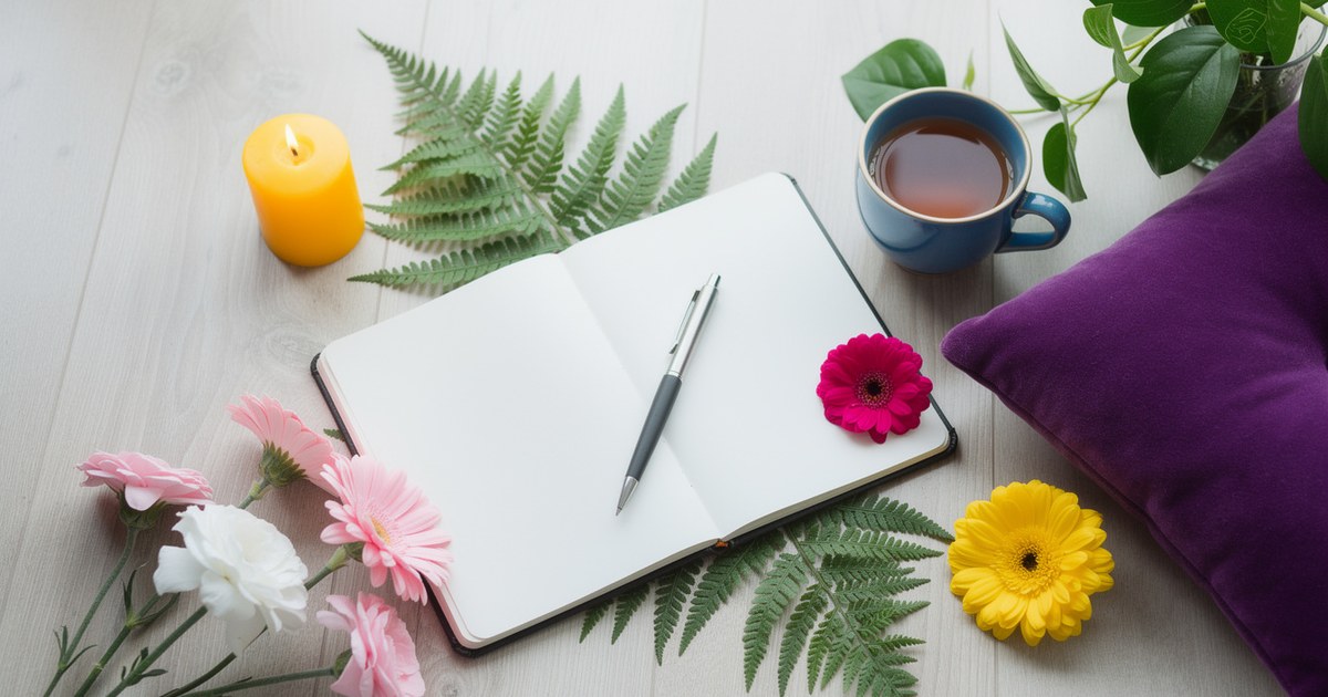 Open notebook with a handwritten list beside a blue ceramic cup, green fern leaves, a yellow candle, and a purple cushion in soft window light