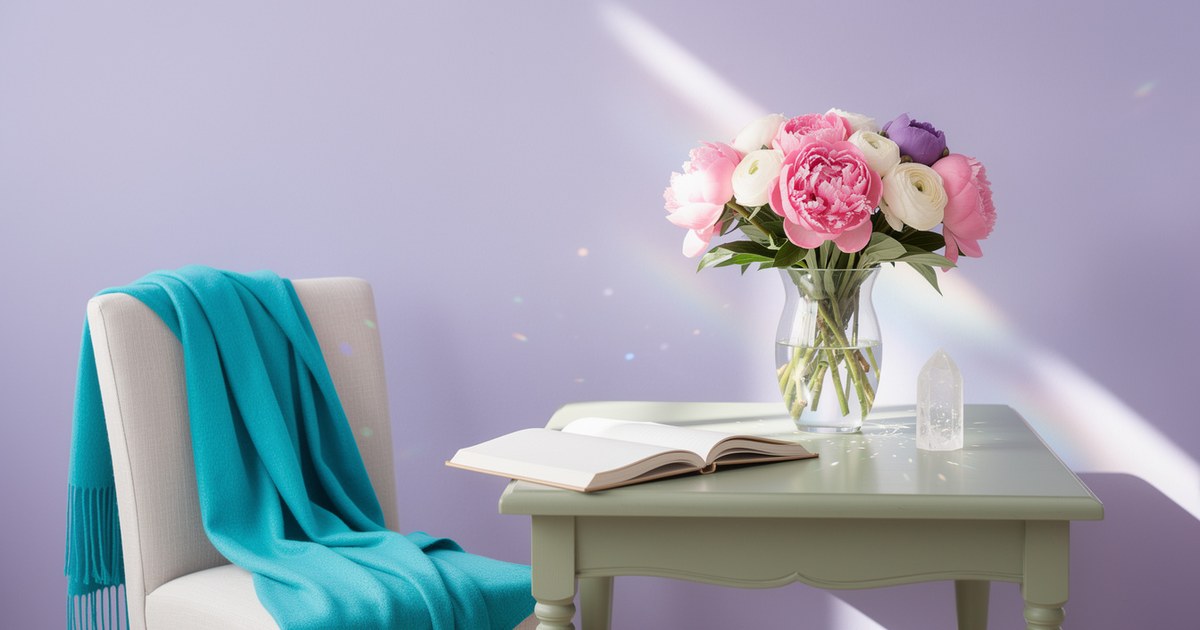A sunlit lavender room with a cushioned chair, a turquoise shawl, pink peonies and an open blank notebook beside a clear quartz point on a sage table