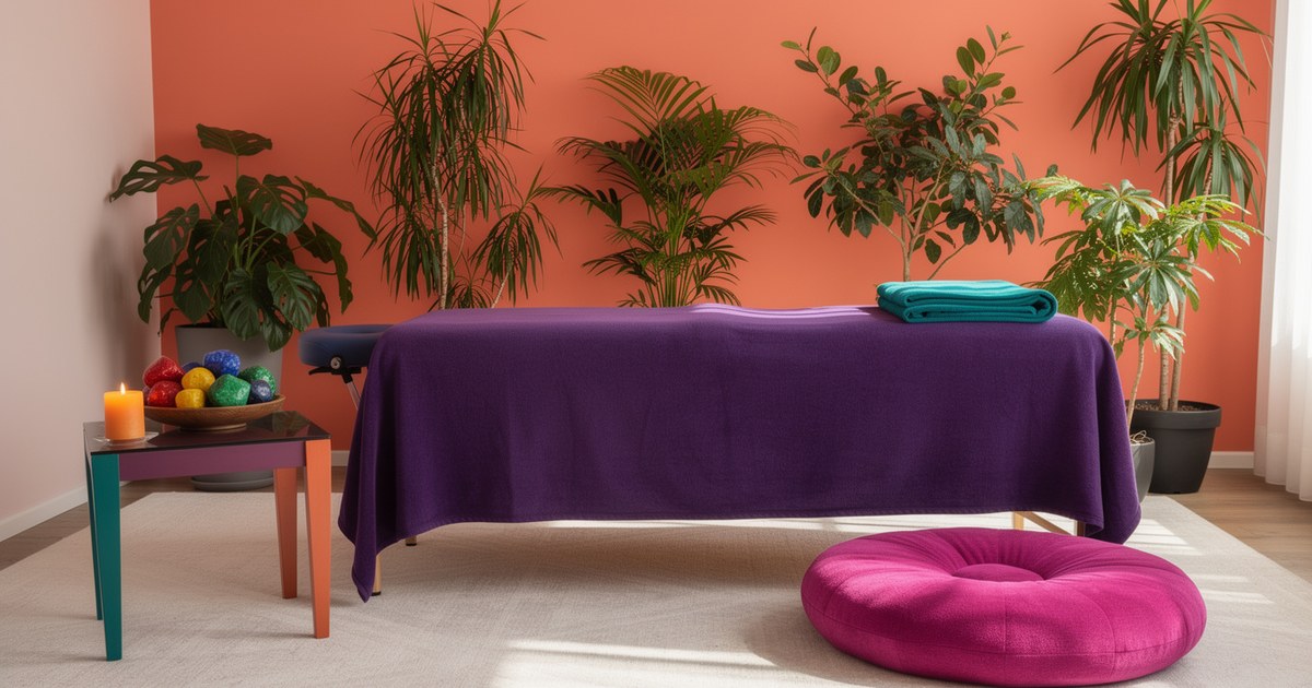 A practice room with a coral wall and green potted plants: a treatment table under a purple blanket with a folded teal towel, a magenta floor cushion, and a side table holding an orange candle and a bowl of colorful stones.