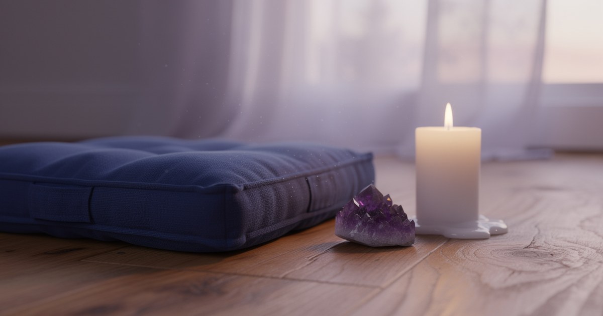 A navy blue meditation cushion resting on a wood floor beside a raw amethyst cluster and a lit white pillar candle, soft daylight through sheer curtains