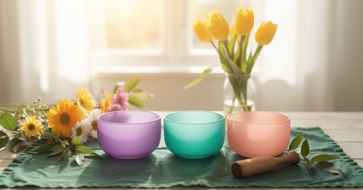 Frosted crystal singing bowls in violet, teal, and rose on a green cloth, with yellow tulips and a soft window glow behind them