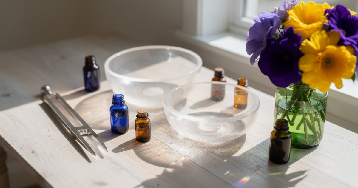A pale wood table with a silver tuning fork, two crystal singing bowls catching rainbow refractions, small cobalt blue and amber glass bottles, and a bunch of fresh purple and yellow blooms in a green glass jar.