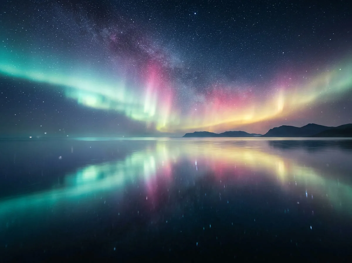 A gentle aurora shimmering above a calm mirror ocean at night