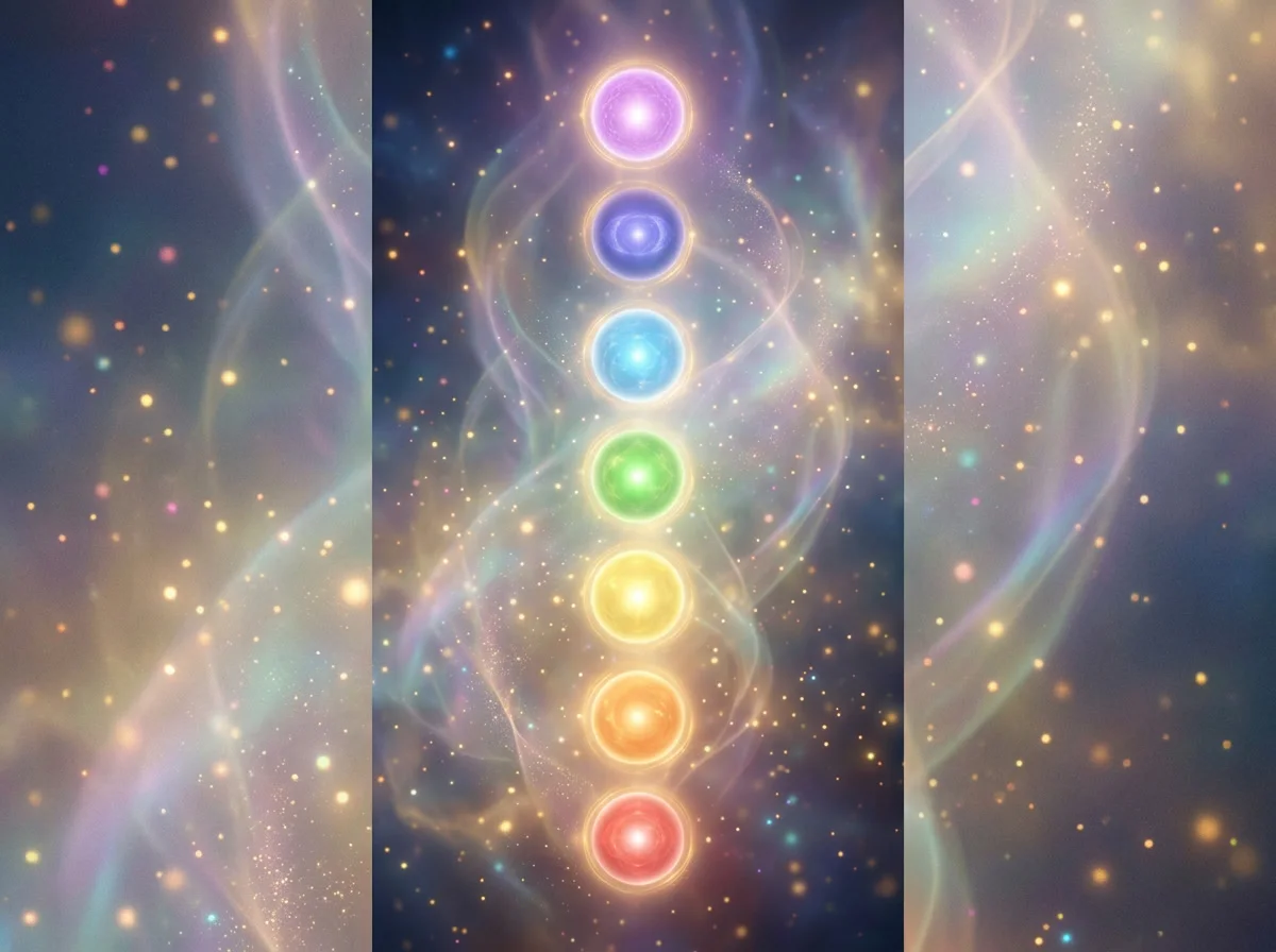 Seven glowing orbs of rainbow chakra light rising through soft luminous mist