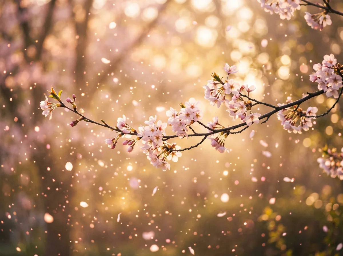 A blossoming cherry branch with drifting luminous petals and golden mist