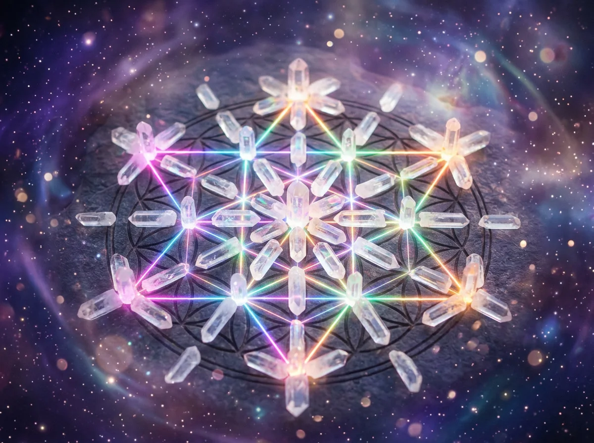 A crystal healing grid glowing with soft prismatic rainbow light