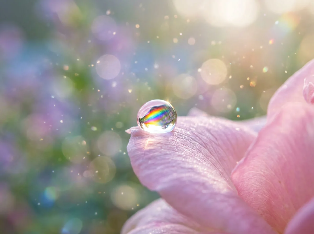 A dewdrop on a petal refracting a tiny rainbow of prismatic light