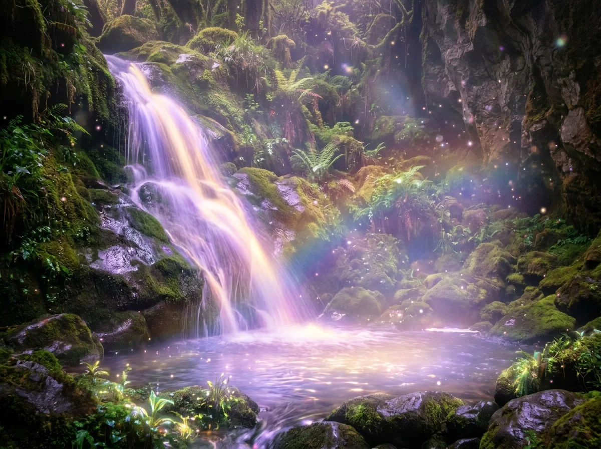 A luminous waterfall of soft violet and gold energy over mossy stones