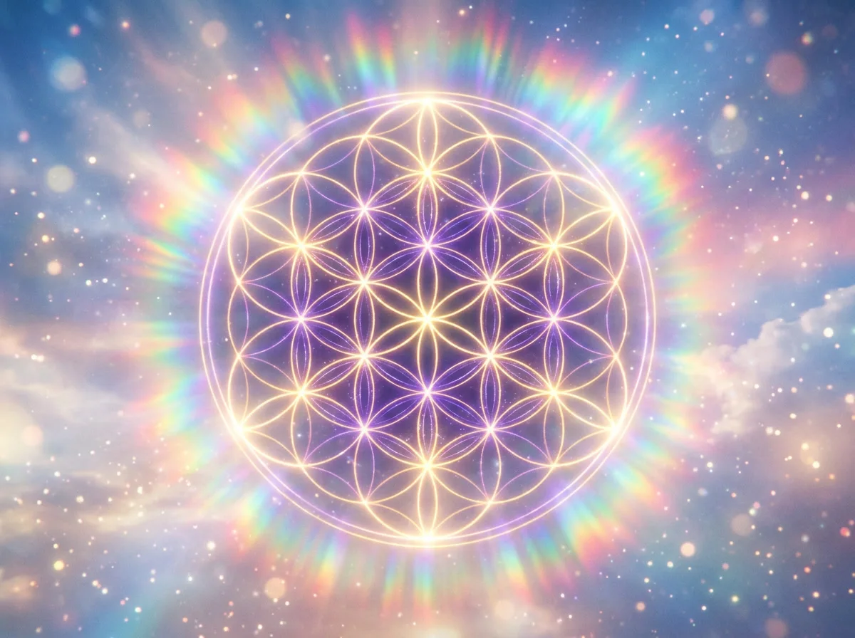 A glowing Flower of Life sacred geometry woven from golden and violet light
