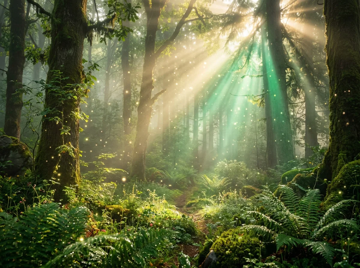 Golden light rays streaming through a misty forest at dawn