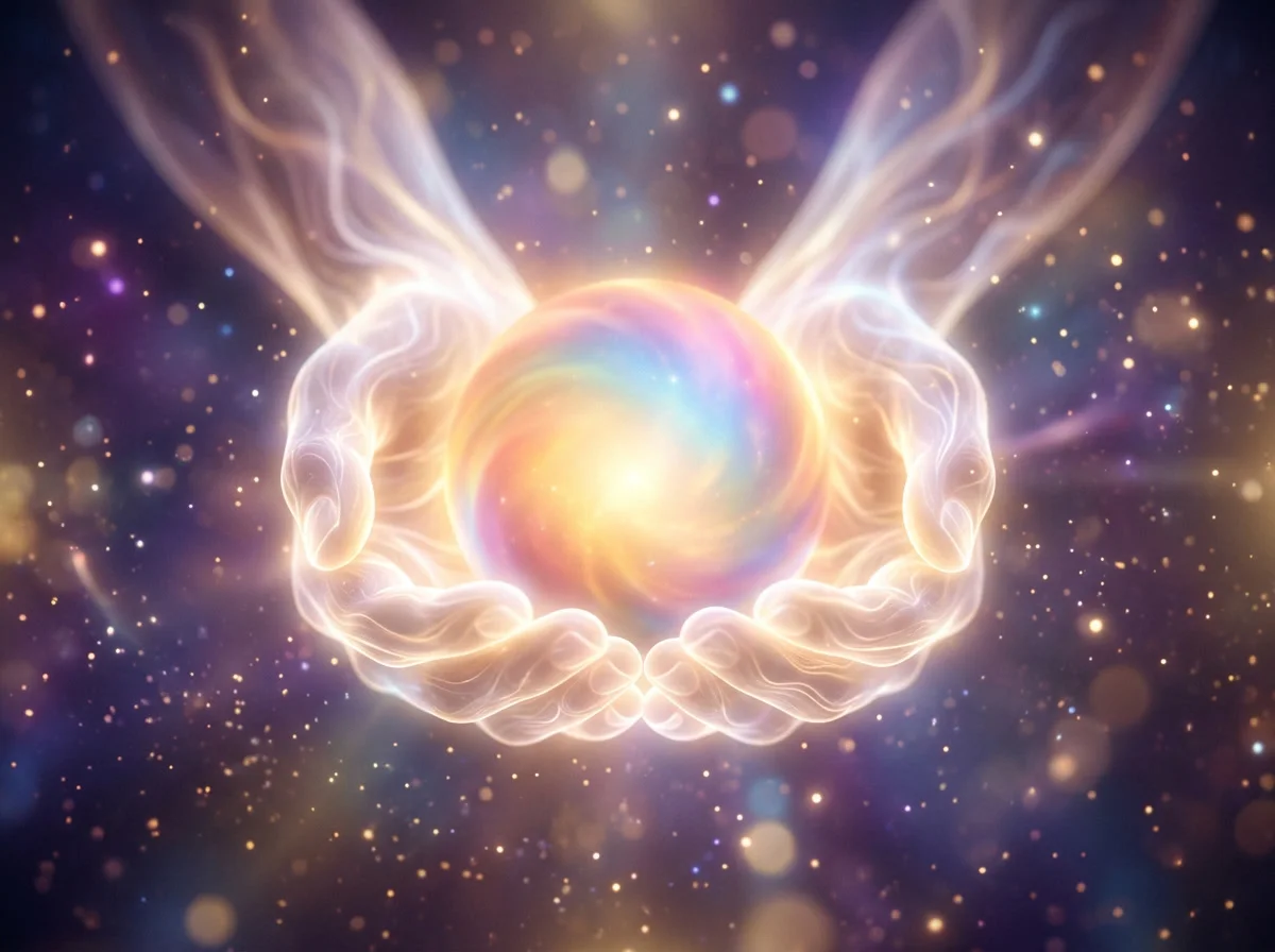 Cupped hands of soft luminous energy holding a glowing orb of rainbow light