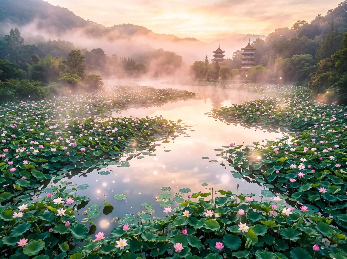 A dawn pond covered in luminous lotus blossoms with rising pastel mist