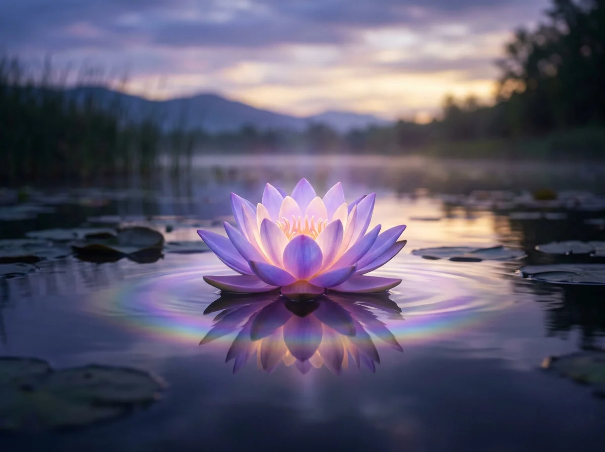 Luminous lotus on still water bathed in soft violet and gold light