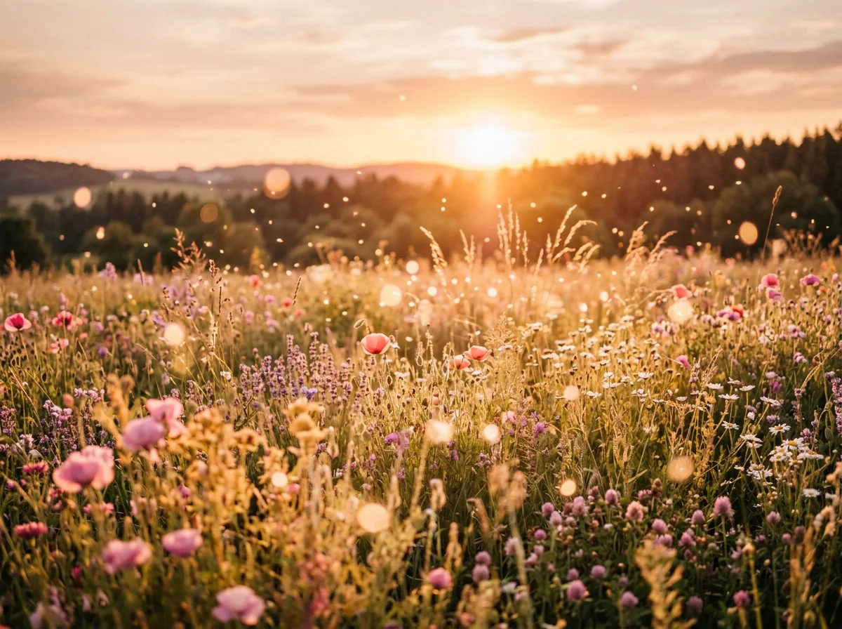 A sunlit wildflower meadow with dreamy drifting orbs of light