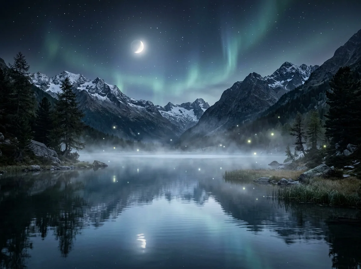 A tranquil moonlit lake with silver mist rising under a soft moon