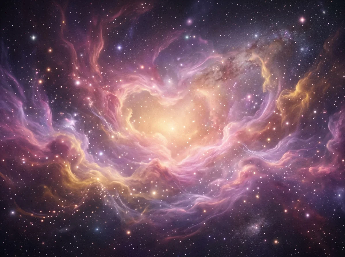A soft spiritual cosmos of violet, rose and gold nebula light
