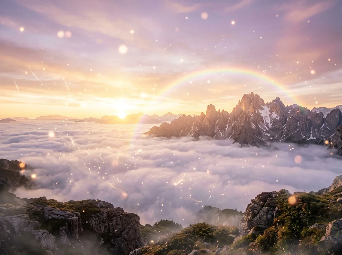 An ethereal mountain sunrise above a soft sea of clouds