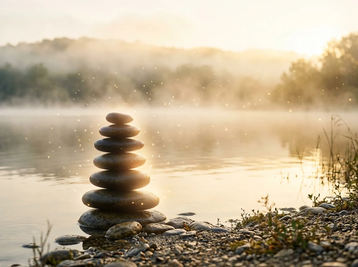 Balanced zen stones beside calm water wrapped in soft golden light