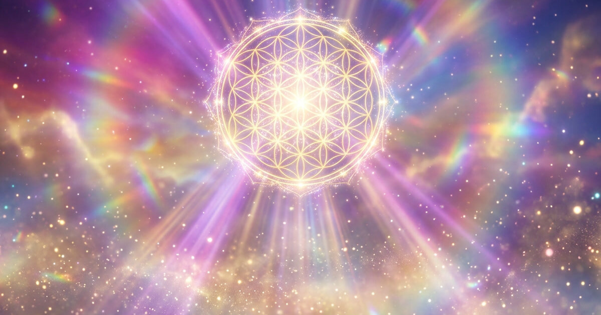 A glowing golden Flower of Life pattern radiates beams of pink, violet and gold light across a starry, rainbow-tinted sky
